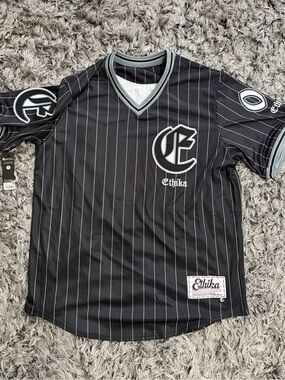 ethika Men’s Black Pinstripe V-Neck Jersey with Gray Trim